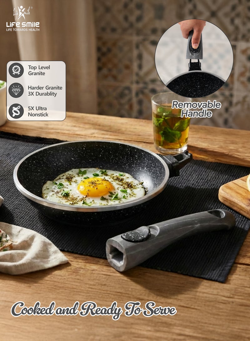 Life Smile طقم أواني الطهي غير اللاصقة من الجرانيت 31 قطعة – أواني طهي غير لاصقة متميزة، أواني الطهي والمقالي | طقم أواني وقائية للحرارة | أطباق خزفية (20/24/28/32/36/40 سم) مع أغطية، أواني ضحلة 28/32 سم، مقلاة مزدوجة 30 سم، قدر صلصة 1.3 لتر، غلاية صفارة 3.0 لتر، مقالي (20/24/28 سم) وملاعق مطبخ سيليكون مع حامل. - Image 5